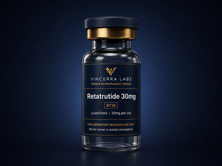 Vincerra Labs research peptide vial — navy and gold, lab-tested