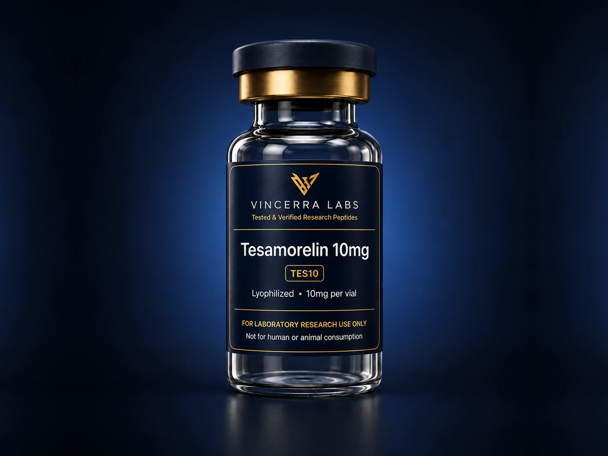 Vincerra Labs research peptide vial — navy and gold, lab-tested